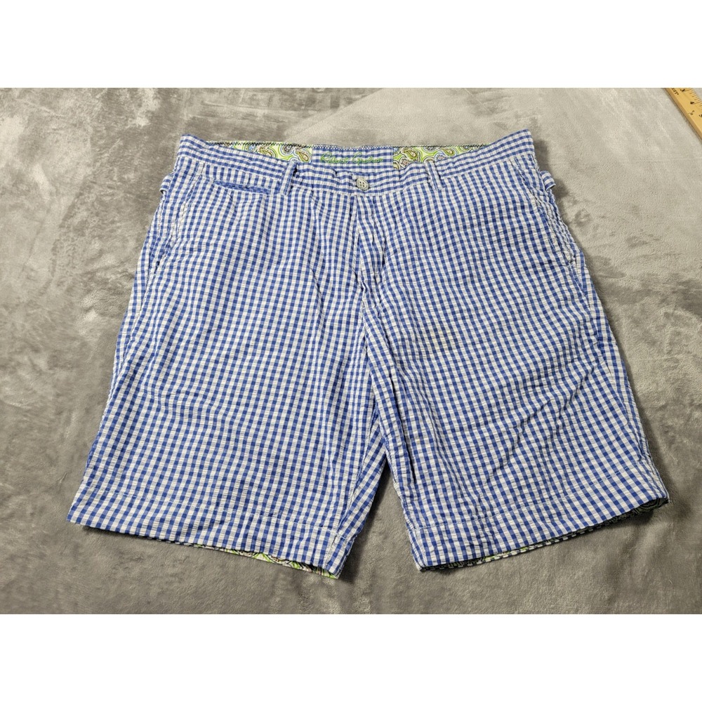 Robert Graham Shorts 38x8 Classic Fit Blue Gingham Seersucker Flat Front Casual